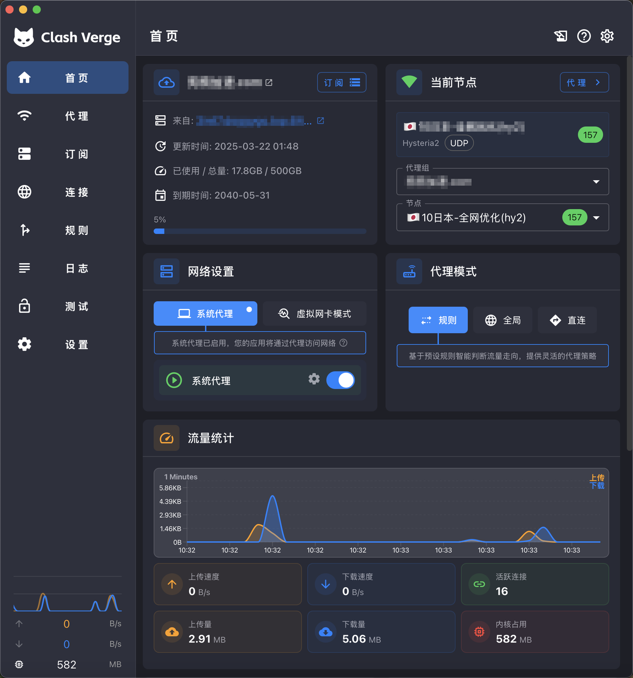 Clash Verge 主界面：订阅信息、当前节点、系统代理与流量统计